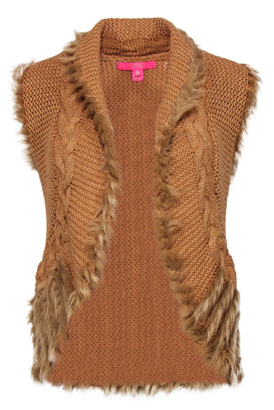 Current Boutique-Lilly Pulitzer – Camel Cotton Blend Knit Metallic Vest w/ Faux Fur Sz XXS