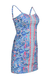Current Boutique-Lilly Pulitzer - Cobalt & Neon Pink Print Cotton Sheath Dress w/ Tie Back Sz 00