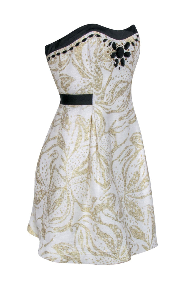 Current Boutique-Lilly Pulitzer - Cream & Gold Metallic Floral Print Strapless Fit & Flare Dress w/ Stain Trim & Gem Stones Sz 8