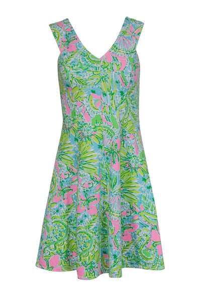 Current Boutique-Lilly Pulitzer - Green, Blue & Pink Floral Print Sleeveless Fit & Flare Dress Sz XS