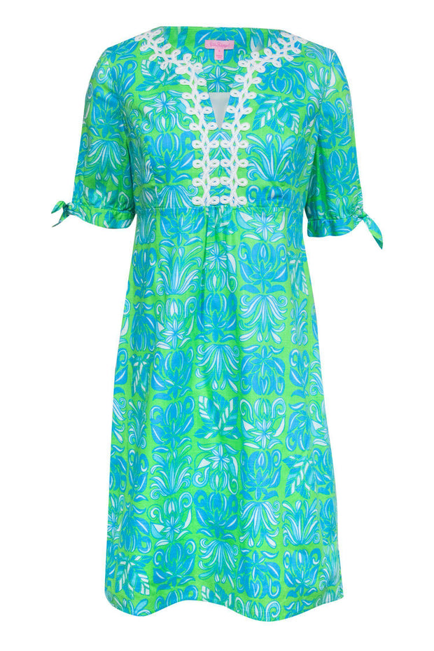 Current Boutique-Lilly Pulitzer - Green & Blue Tropical Print A-Line Dress Sz 8