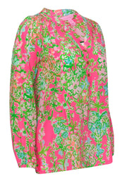 Current Boutique-Lilly Pulitzer - Green & Pink Floral Printed Silk Blouse Sz XS