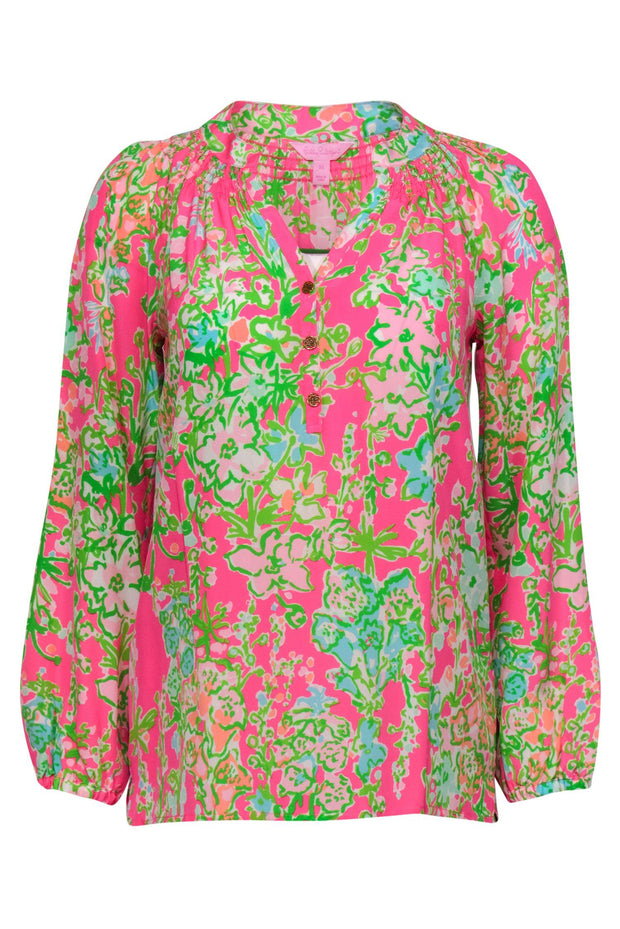 Current Boutique-Lilly Pulitzer - Green & Pink Floral Printed Silk Blouse Sz XS