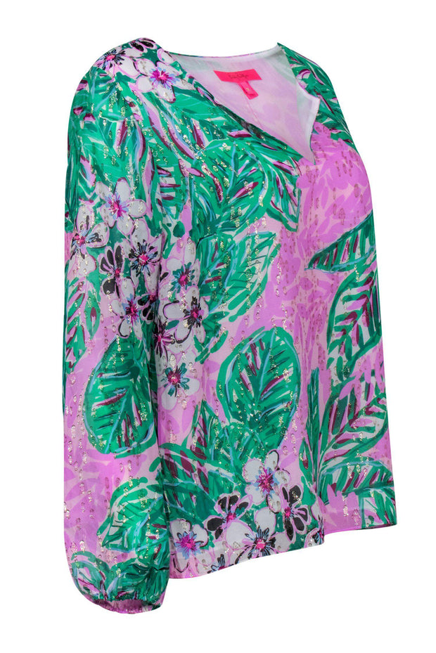Current Boutique-Lilly Pulitzer - Green & Purple Floral Print Shirt w/ Metallic Detailing Sz M