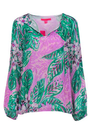 Current Boutique-Lilly Pulitzer - Green & Purple Floral Print Shirt w/ Metallic Detailing Sz M