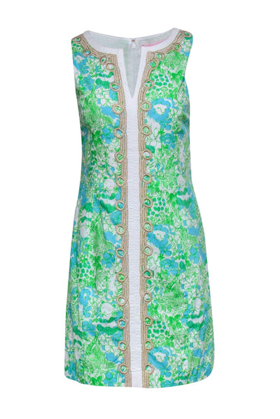Current Boutique-Lilly Pulitzer - Green, White & Blue Jungle Print "Janice" Shift Dress w/ Gold Embroidery Sz 4