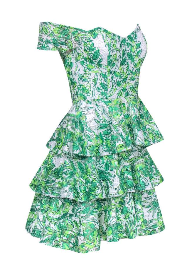 Current Boutique-Lilly Pulitzer - Green & White Leaf Print Eyelet Mini Dress w/ Ruffles Sz 00