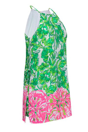 Current Boutique-Lilly Pulitzer - Green, White & Pink Floral & Flamingo Print Romper w/ Overlay Sz 6