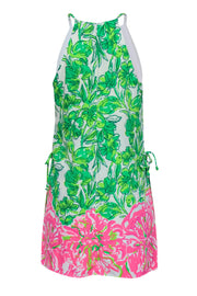 Current Boutique-Lilly Pulitzer - Green, White & Pink Floral & Flamingo Print Romper w/ Overlay Sz 6