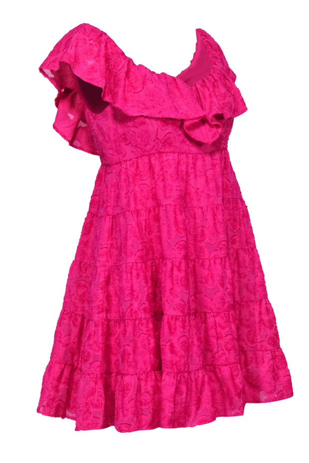 Current Boutique-Lilly Pulitzer - Hot Pink Fuzzy Textured Tiered Shift Dress w/ Ruffles Sz 2