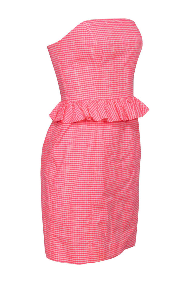 Current Boutique-Lilly Pulitzer - Hot Pink Gingham Strapless Bodycon Dress w/ Ruffles Sz 0