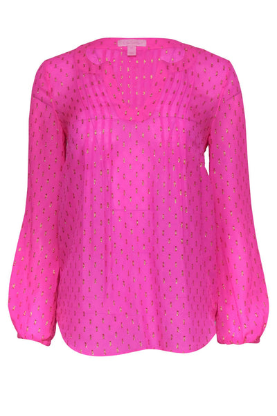 Current Boutique-Lilly Pulitzer - Hot Pink & Gold Metallic Silk Blouse Sz XS