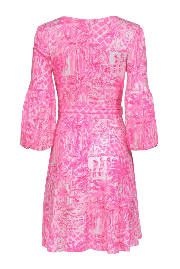 Current Boutique-Lilly Pulitzer - Hot Pink Scenic Palm Tree Print Balloon Sleeve "Chace" Dress Sz S