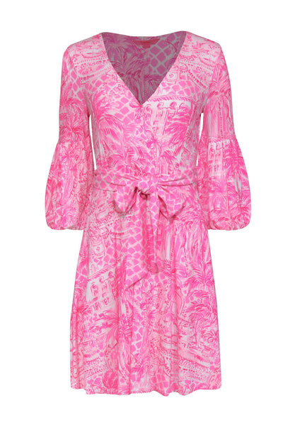 Current Boutique-Lilly Pulitzer - Hot Pink Scenic Palm Tree Print Balloon Sleeve "Chace" Dress Sz S