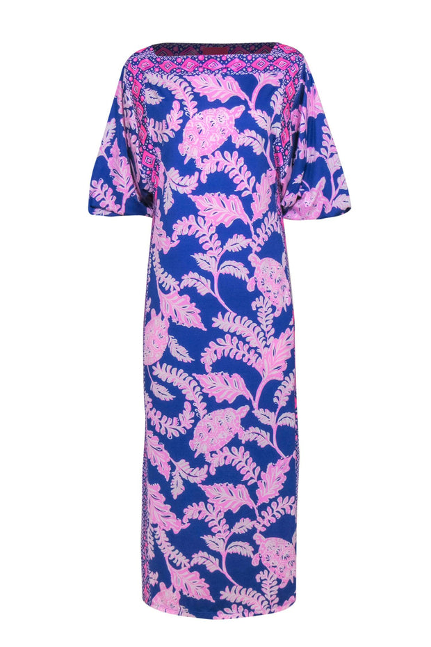 Current Boutique-Lilly Pulitzer - Indigo & Pink Leaf & Turtle Print "Silvia" Maxi Dress Sz 2