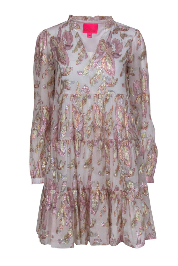 Current Boutique-Lilly Pulitzer - Ivory, Gold & Metallic Pink Floral Shift Dress w/ Puffed Sleeves Sz 0