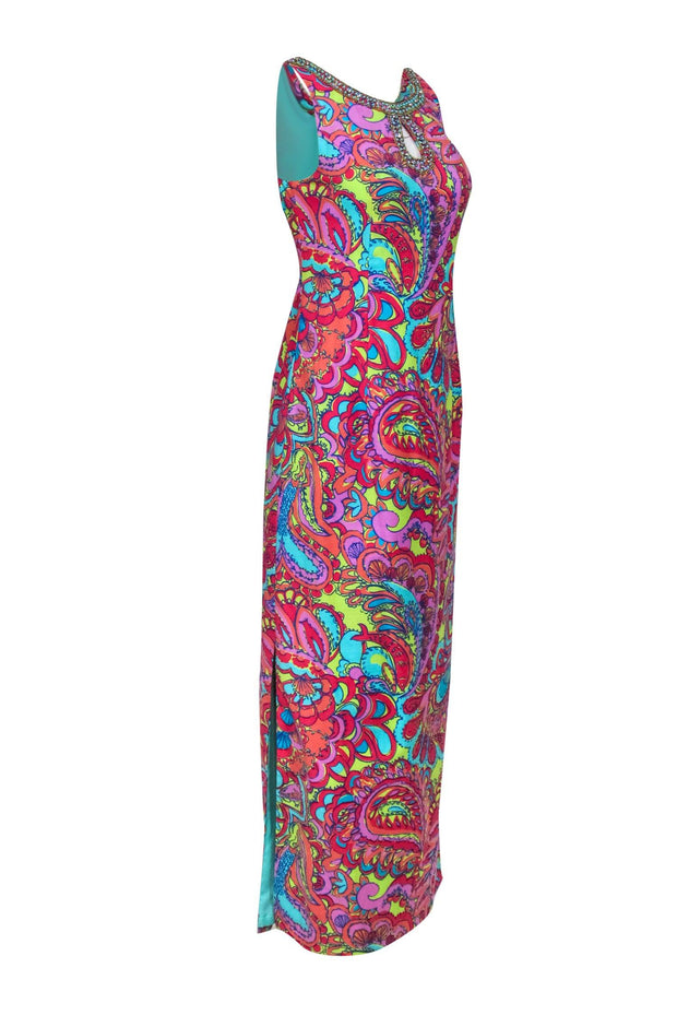 Current Boutique-Lilly Pulitzer - Lime Green & Multicolor Paisley Print Maxi Dress w/ Beaded Neckline Sz 2