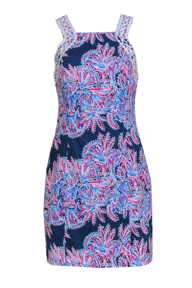 Current Boutique-Lilly Pulitzer - Navy, Blue & Pink Printed Embroidered "Makayla" Shift Dress Sz 8