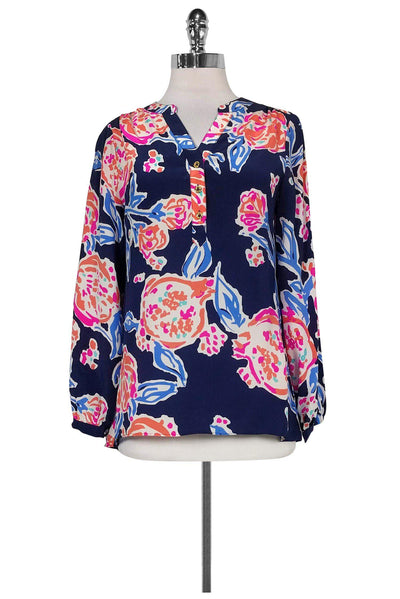 Current Boutique-Lilly Pulitzer - Navy Floral Print Silk Blouse Sz XS