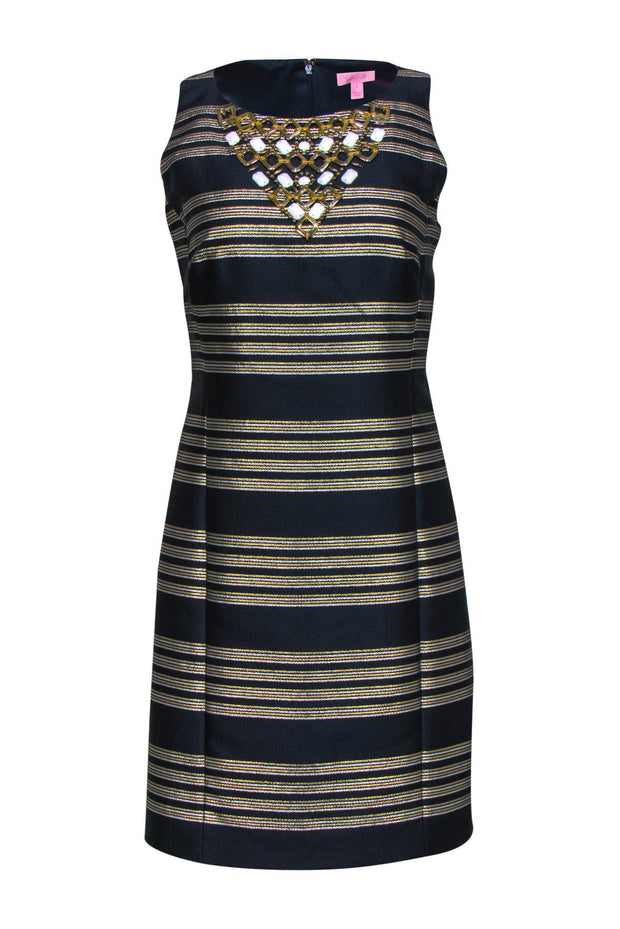 Current Boutique-Lilly Pulitzer - Navy & Gold Striped Sheath Dress w/ Jewels Sz 2