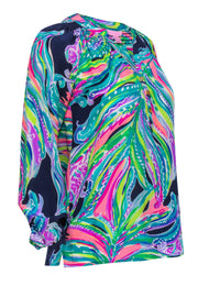 Current Boutique-Lilly Pulitzer - Navy & Multicolor Leaf Print Long Sleeve Silk Blouse Sz XXS