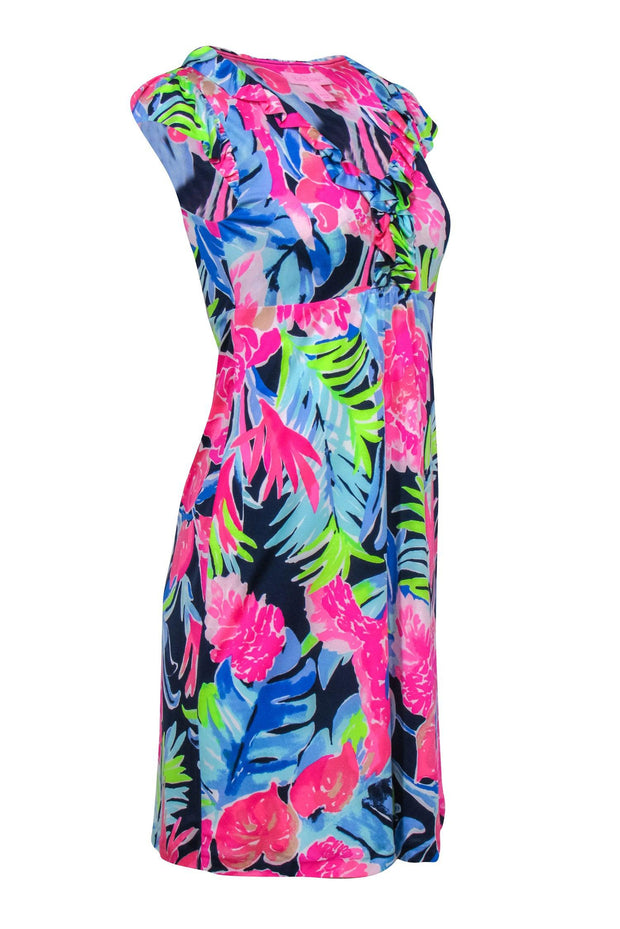 Current Boutique-Lilly Pulitzer - Navy & Pink Floral Silk "Clare" Dress w/ Ruffle Sleeves Sz S