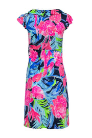 Current Boutique-Lilly Pulitzer - Navy & Pink Floral Silk "Clare" Dress w/ Ruffle Sleeves Sz S