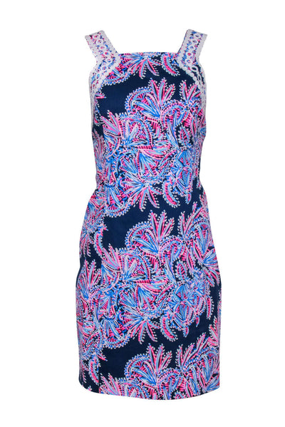 Current Boutique-Lilly Pulitzer - Navy, Pink & White Printed Sleeveless Dress w/ Eyelet Trim Sz 12