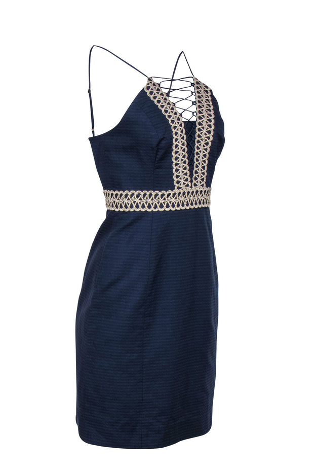 Current Boutique-Lilly Pulitzer - Navy Textured Cotton High-Neck "Trista" Shift Dress w/ Gold-Embroidery Sz 2