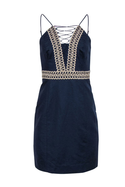 Current Boutique-Lilly Pulitzer - Navy Textured Cotton High-Neck "Trista" Shift Dress w/ Gold-Embroidery Sz 2