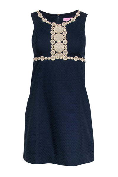 Current Boutique-Lilly Pulitzer - Navy Textured Sheath Dress w/ Gold Embroidery Sz 2