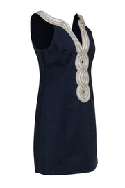 Current Boutique-Lilly Pulitzer - Navy Textured Sleeveless Sheath Dress w/ Gold & Silver Embroidery Sz 8