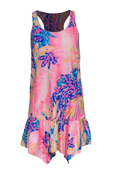 Current Boutique-Lilly Pulitzer - Neon Pink & Blue Tropical Print Sleeveless Shift Dress w/ Scarf Hem Sz XXS
