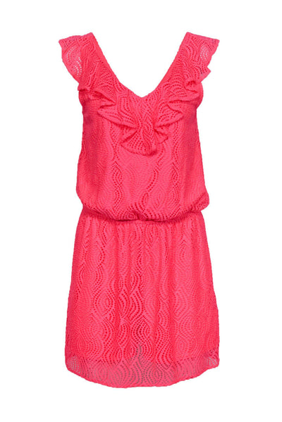 Current Boutique-Lilly Pulitzer - Neon Pink Eyelet Lace Ruffle Neck Dress Sz M