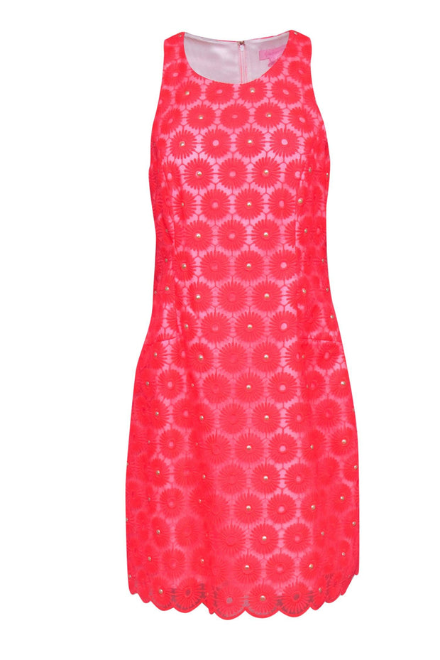 Current Boutique-Lilly Pulitzer - Neon Pink Floral Embroidered Sleeveless Dress w/ Pearls Sz 10