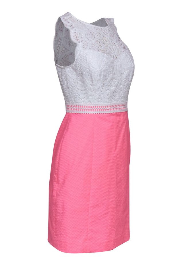 Current Boutique-Lilly Pulitzer - Neon Pink Sheath Dress w/ White Lace Bodice Sz 4