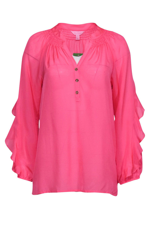 Current Boutique-Lilly Pulitzer - Neon Pink Silk Peasant Top w/ Ruffles Sz S