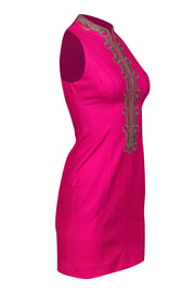 Current Boutique-Lilly Pulitzer - Neon Pink Textured Sleeveless Shift Dress w/ Gold Embroidery Sz 00