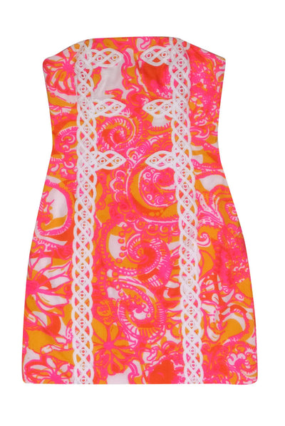 Current Boutique-Lilly Pulitzer - Orange & Pink Print Strapless Dress w/ White Embroidery Sz 00