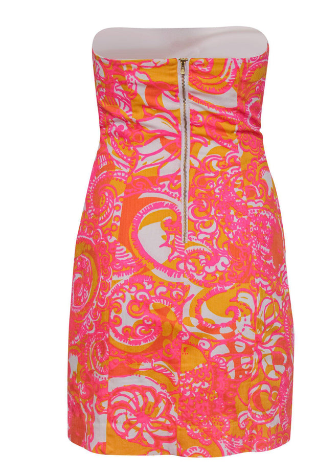 Current Boutique-Lilly Pulitzer - Orange & Pink Printed Strapless Bodycon Dress w/ White Embroidery Sz 0
