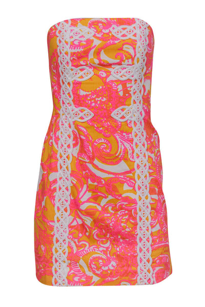 Current Boutique-Lilly Pulitzer - Orange & Pink Printed Strapless Bodycon Dress w/ White Embroidery Sz 0