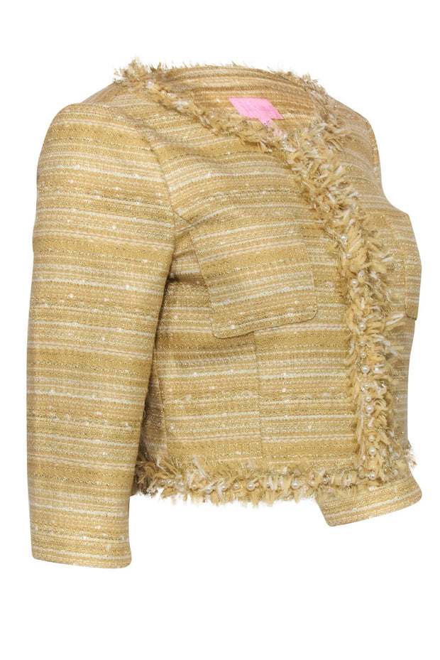 Current Boutique-Lilly Pulitzer - Pale Yellow & Gold Cropped Tweed Jacket w/ Fringe Sz 4