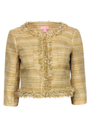 Current Boutique-Lilly Pulitzer - Pale Yellow & Gold Cropped Tweed Jacket w/ Fringe Sz 4