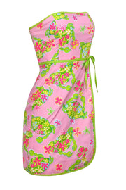 Current Boutique-Lilly Pulitzer - Pink Crab Floral "Muscle Beach" Print Cotton Strapless Sundress Sz 4