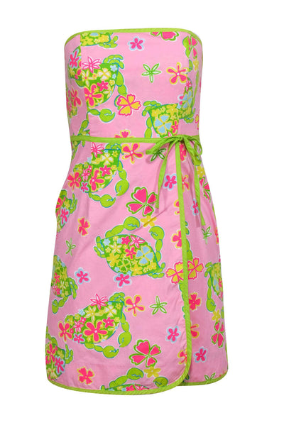 Current Boutique-Lilly Pulitzer - Pink Crab Floral "Muscle Beach" Print Cotton Strapless Sundress Sz 4