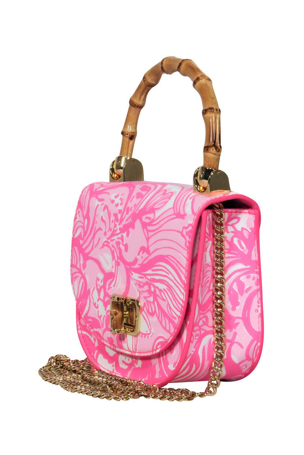 Current Boutique-Lilly Pulitzer - Pink Floral Print Leather Gold Chain Crossbody w/ Faux Bamboo Handle