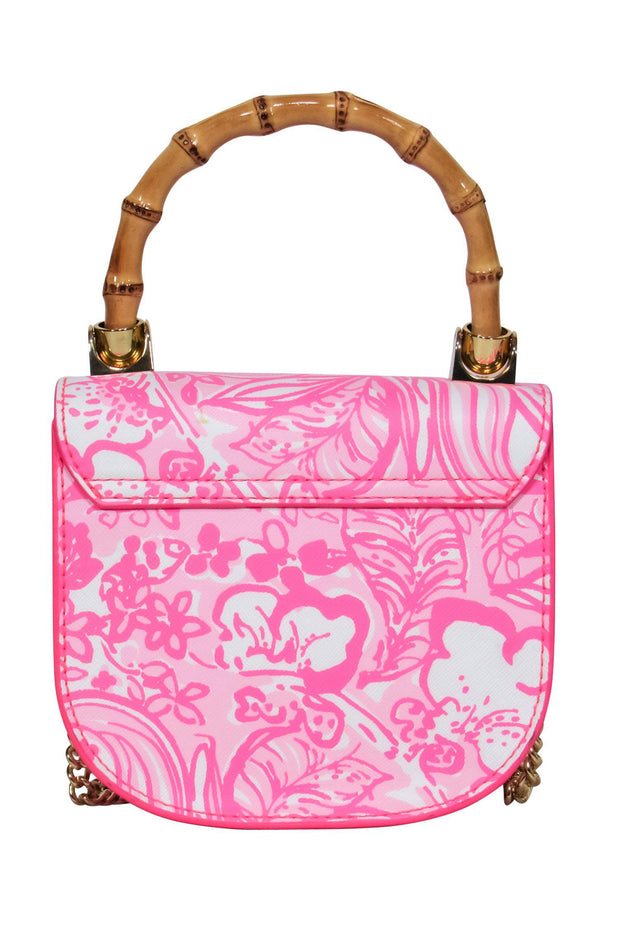 Current Boutique-Lilly Pulitzer - Pink Floral Print Leather Gold Chain Crossbody w/ Faux Bamboo Handle