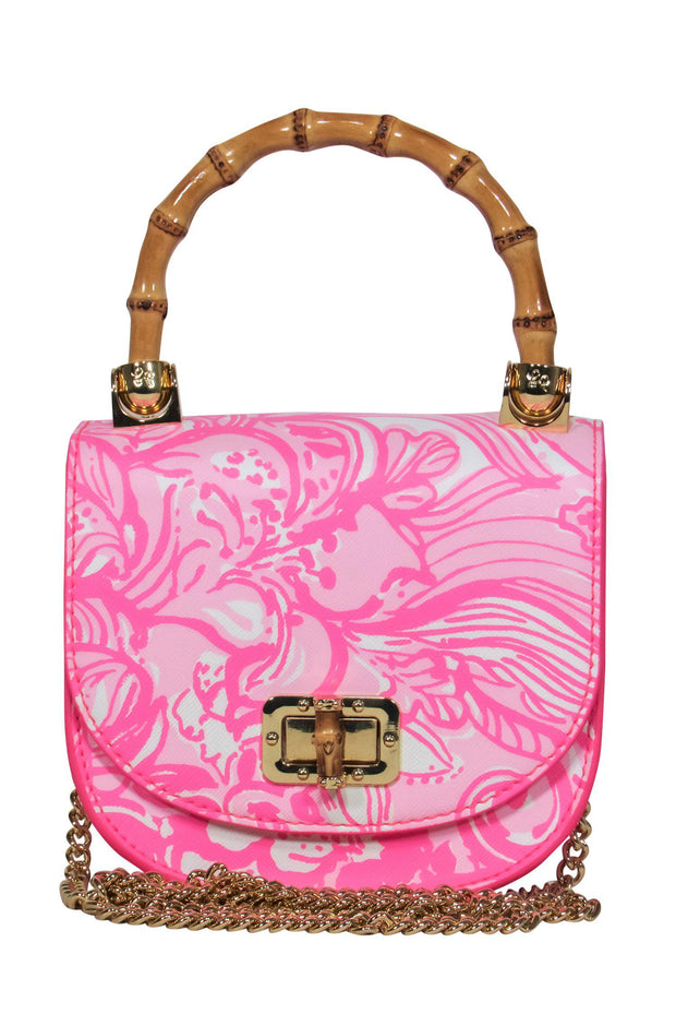 Current Boutique-Lilly Pulitzer - Pink Floral Print Leather Gold Chain Crossbody w/ Faux Bamboo Handle