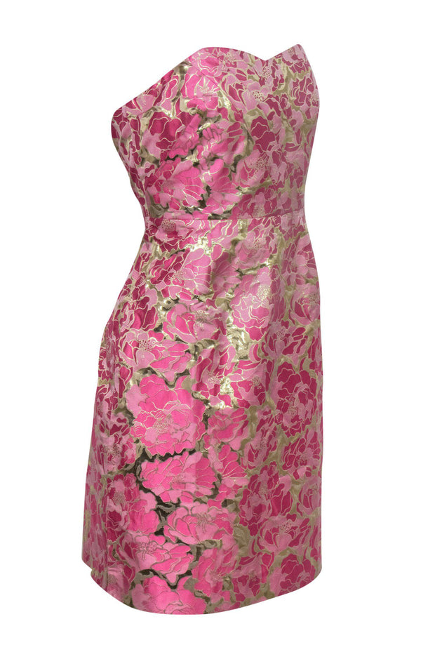 Current Boutique-Lilly Pulitzer - Pink & Gold Metallic Floral Print Strapless Cocktail Dress Sz 8