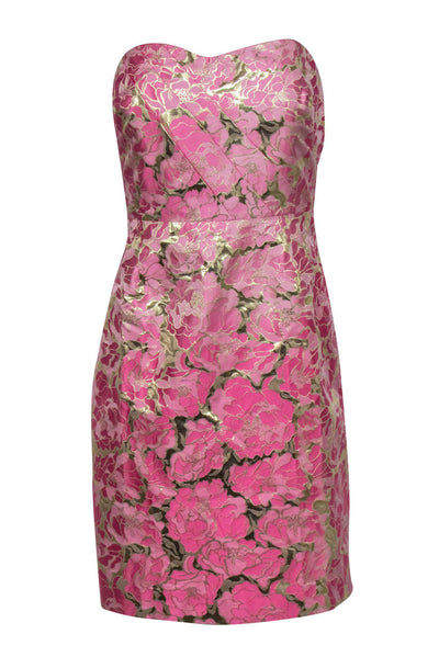 Current Boutique-Lilly Pulitzer - Pink & Gold Metallic Floral Print Strapless Cocktail Dress Sz 8